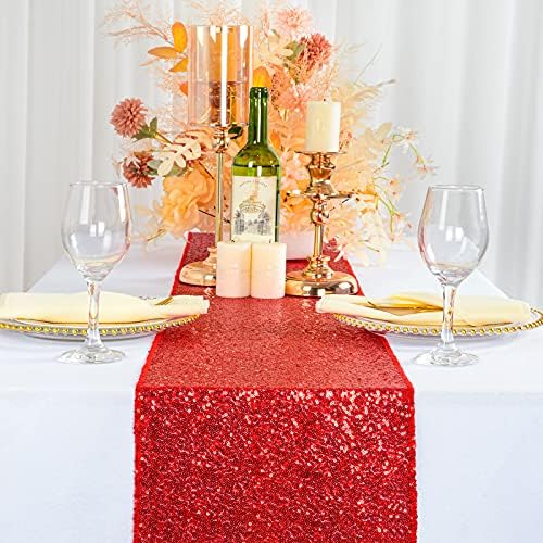 ShinyBeauty Red Table Runners 108 Inches Long Sequin Table Runner Christmas Decorations Sparkletable Linen for Wedding, Party,Outdoor,Cake Table Decor (12"X108",20 Packs) - Image 2