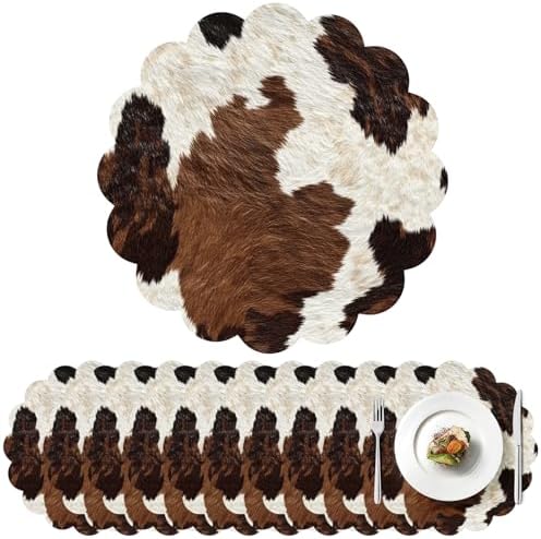 100 Pcs Cow Paper Placemats 13.5 Inches Scalloped Western Placemats Disposable Brown and White Cowhide Place Mats for Western Cowboy Party Wedding Baby Shower Rustic Party Table Decor by Stuffygreenus