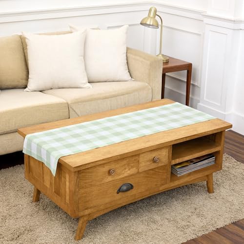 Solino Home 100% Pure Linen Table Runner, 14 x 60 in, Sage and White Check by SolinoHome