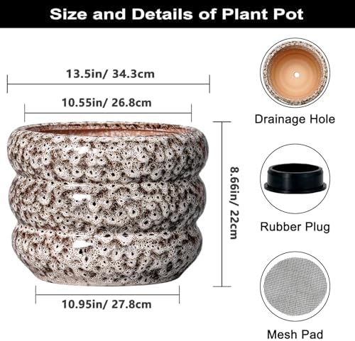 SQOWL Ceramic Flower Pots - 13.5 Inch Plant Pot with Drainage Hole, Large Ceramic Planter for Indoor Plants, Round Modern Planter Outdoor, Porch Home House Decor, Plant Lover Gifts, White - Image 3
