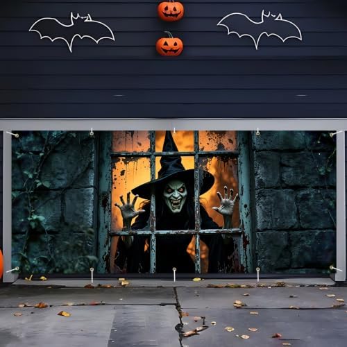 7 * 16FT Halloween Witch Garage Door Cover Decorations Halloween Scary Witch Garage Door Banner for Outdoor Indoor Halloween Decorations Party Photography Backdrop - Image 2