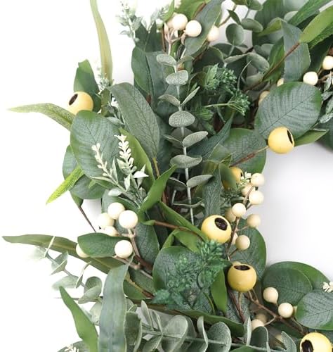 HomeKaren Wreaths for Front Door 22 Inch, All Season Greenery Wreath Olive Eucalyptus Leaves and White Mixed Berry for Indoor Outdoor Farmhouse Home Porch Wall Window Festival Wedding Decor - Image 4