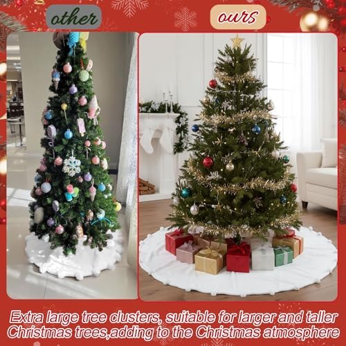 Libima Large White Faux Fur Christmas Tree Skirt with Pom Poms,60 Inch - Image 5