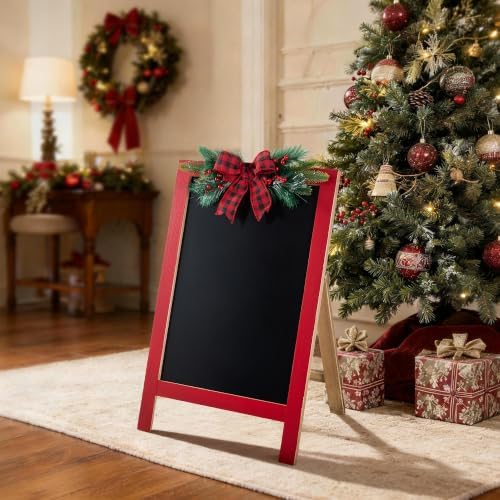 Glitzhome 24"H Christmas Wooden Easel Porch Sign,Farmhouse Standing Porch Decor with Pine & Plaid Bow,Merry Christmas Welcome Sign for Holiday Front Porch Outdoor Decorations - Image 3