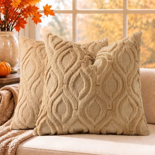 decorUhome Faux Fur Light Brown Khaki Throw Pillow Covers 26x26 Set of 2 by decorUhome