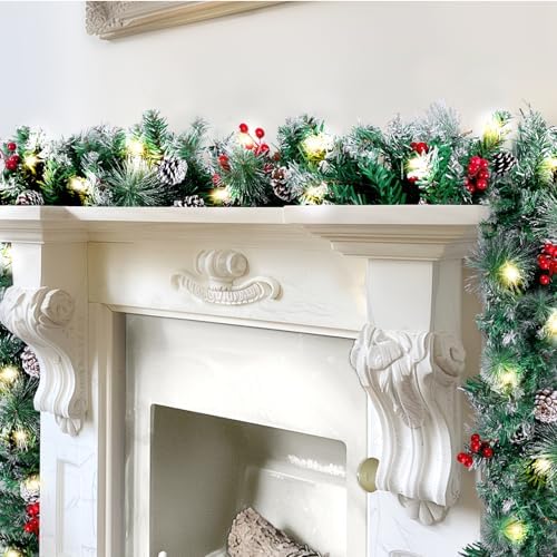 BlessedSeason 12FT Christmas Garland with Lights, Artificial Lighted Garland Indoor for Stairs, Fireplace, 65 Lights Green Garland, Cones & Red Berries & Pine Needle by Unknown