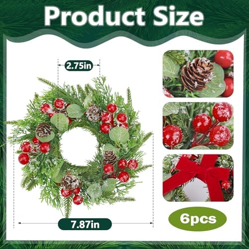 6 Pcs Mini Christmas Kitchen Cabinet Wreaths, 7.9" Red Berry Candle Ring - Image 2