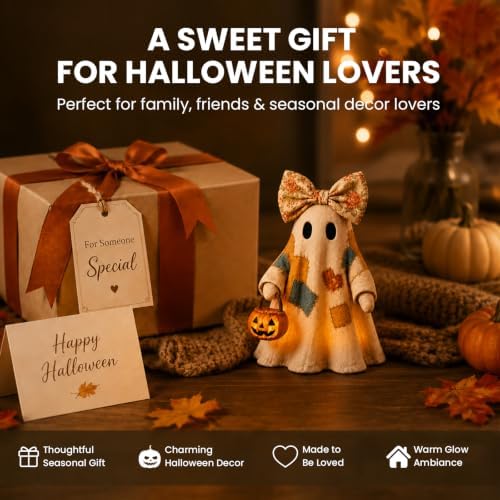 Lighted Vintage Patchwork Ghost Halloween Decor with Light-Up Pumpkin Pail, Tabletop Figurine for Mantel Shelf Entryway (1PC) - Image 6