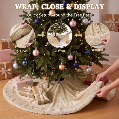Skylety 48" Velvet Christmas Tree Skirt with Faux Fur Trim,Khaki - Image 4