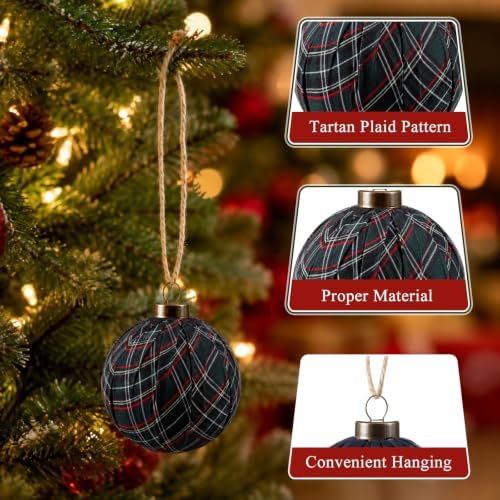 Hollowfly 24 Pcs 2.36 Inch Christmas Tartan Plaid Ball Ornaments Vintage Large Buffalo Plaid Balls Christmas Tree Hanging Ornament Rustic Ball Pendant Hanging Decor for Xmas Tree Party(Green) - Image 3