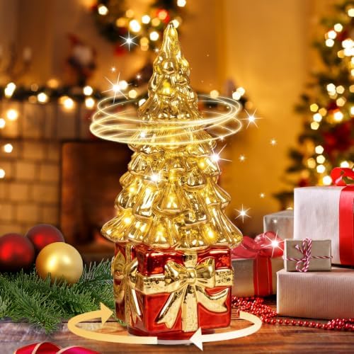 Glass Christmas Trees for Tabletop, Rotating Mercury Glass Christmas Tree Decoration, Sparkling Small Xmas Tree with Lights, Battery Operated Xmas Trees with Timer (Yellow) by MJPREMIER