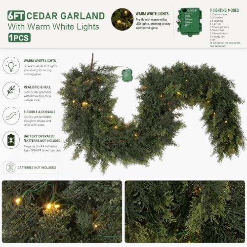 Hananona 6 FT Pre-lit Christmas Garlands, Faux Cedar Pine Garland, 1 Pcs - Image 2
