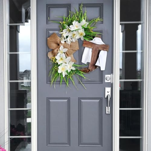 Easter Cross Wreath with Burlap Bow, Easter Door Wreath with Burlap Bow Swag Bowknot Rustic Farmhouse Spring Lily Wreath Easter Decorations for Hanging Door Decor (16IN Num.02) - Image 2