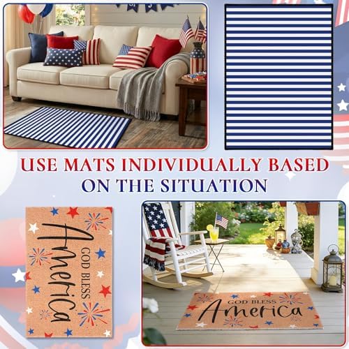 2 Pcs God Bless America Door Mats, 4th of July Patriotic Welcome Mat Non-Slip Coir Doormat with Blue White Stripes, Layered Rug for America 250th Anniversary, Front Porch Entryway Decor - Image 6