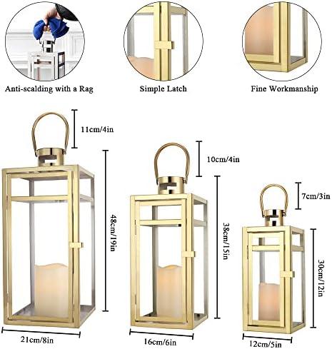 TRIROCKS Elegant Gold Stainless Steel Lantern Set- 3 Sizes (12", 15", 19") - Tempered Glass Panel Metal Lanterns for Versatile Indoor & Outdoor Decorating - Perfect for Celebrations - Image 6
