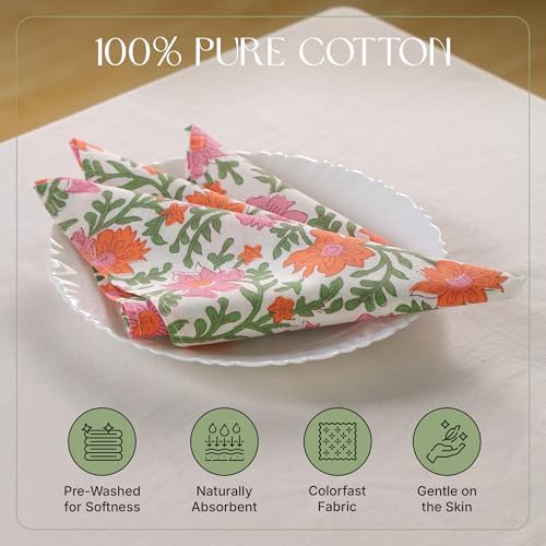 Floral Cloth Napkins Set of 12, Block Print Inspired 100% Cotton Dinner Napkins for Thanksgiving, Christmas & Fall Decor, Washable Reusable Wedding Table Linens, 18x18 Inch, Cream Floral - Image 3