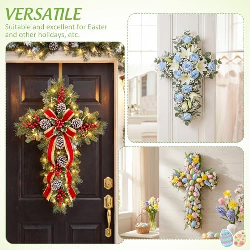 Ciieeo Cross Metal Wreath Frame - 2pcs Easter Floral Garden Cross Shaped Metal Wire Wreath Frames Religious Church Forms Base Swag Garland Green - Image 4