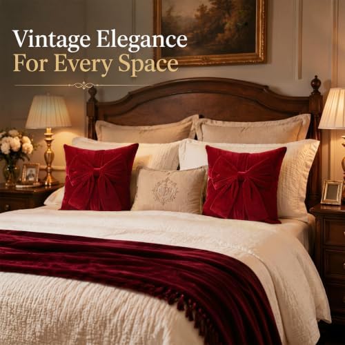 Frienda 4 Pcs Christmas Throw Pillows Cover 20"x20" Burgundy Velvet Bow - Image 3