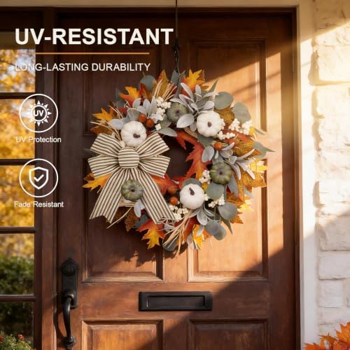 Fall Wreaths for Front Door 22 Inch Autumn Pumpkin Wreath with Orange Maple Leaves Eucalyptus Leaves White Berries Bow Rustic Farmhouse Thanksgiving Wreaths Decor for Indoor Porch Wall Home - Image 4