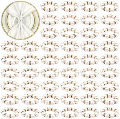 120 Pcs Pearl Napkin Rings Imitation Pearl Beaded Napkin Rings Holder Gold White Disposable Napkin Rings Beaded Serviette Buckles for Wedding Home Party Dinner Table Decor and Daily Use by Haiabei
