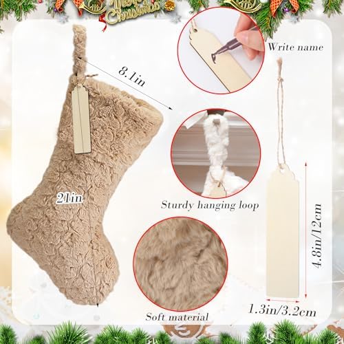 4 Pcs 21 Inch Neutral Personalized Christmas Stockings Bulk with Name Tags, Large Plush Rustic Farmhouse Xmas Stocking Modern Brown Decor for Fireplace Holiday Family(White Beige Camel Light Brown) - Image 2
