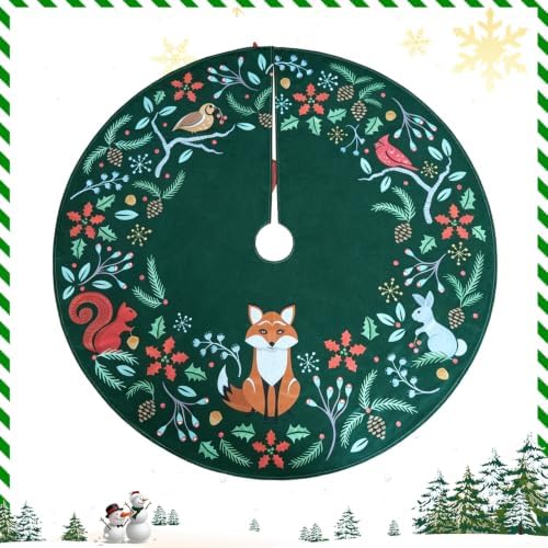 48 Inch Christmas Tree Skirt, Holly Green Woodland Animals - Image 3