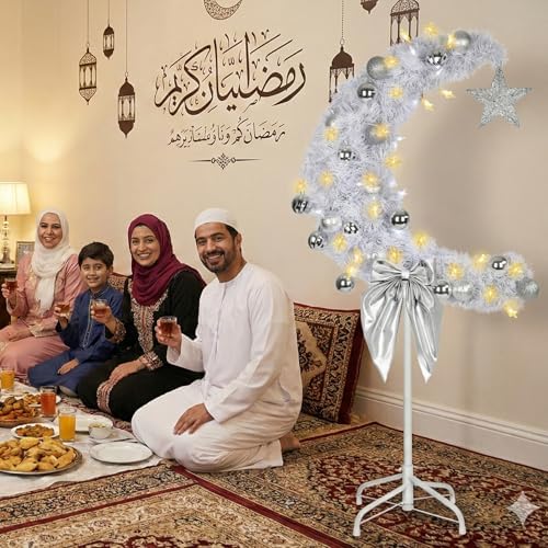 3 FT Eid Ramadan Moon Tree, Lighted Crescent Artificial Tree with LED Star String, Garden Decor Outdoor Lights,Islamic Decoration for Garden, Indoor, Home, Party Decor(Silver) - Image 6
