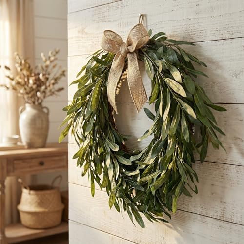 16" Heart Shaped Artificial Olive Leaf & Fruit Wreath - Realistic Green Olive Branches with Spring Floral Accents, Farmhouse Wall Door Wedding Arch Window Hanging for Indoor Outdoor - Image 6