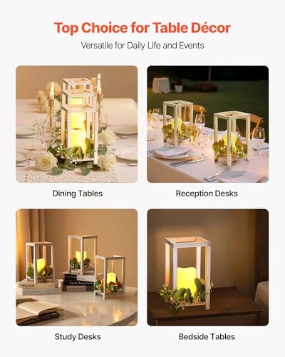 VEVOR 12 Set/36 Pcs Wooden Wedding Lantern Centerpiece, Includes 12 Wooden Lantern Candle Holder 12 Flameless LED Candle 12 Eucalyptus Leaves Wreath for Wedding Table Party Farmhouse Decor, White - Image 6