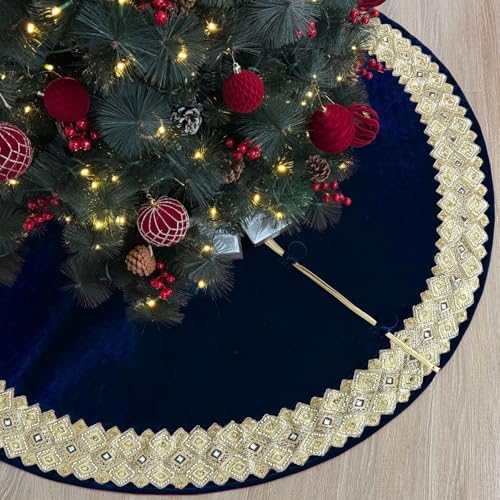60-Inch Venetian Gilded Velvet Christmas Tree Skirt with Gold Embellished Border, Foam-Padded, Button Closure, Royal Blue by StarryDynamo