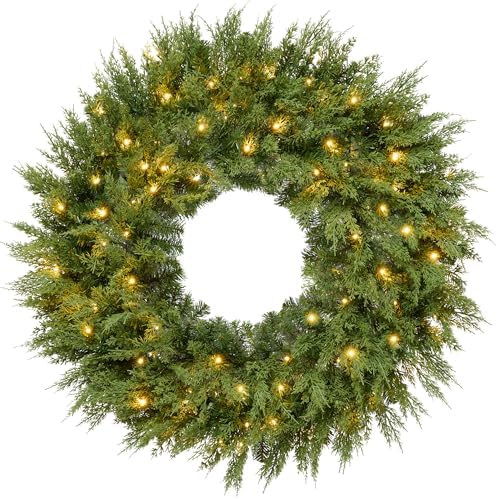 Best Choice Products Pre-Lit Cedar Cypress Christmas Wreath w/Twinkling LEDs, 60in Realistic Large Indoor/Outdoor Holiday Decor for Door, Plug-in by BestChoiceProducts