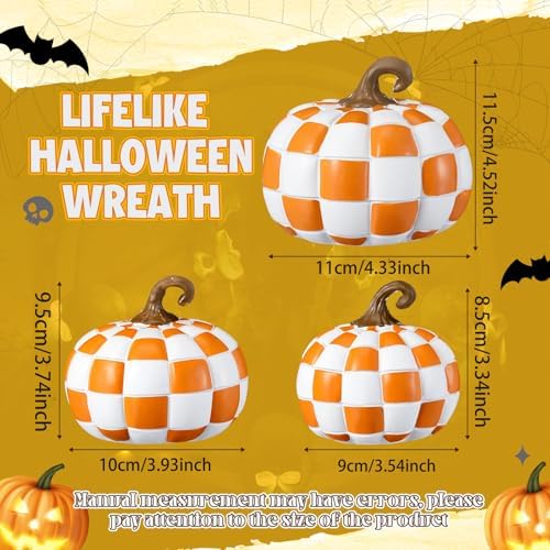 Weysat 3 Pcs Orange and White Fall Pumpkins Resin Checkered Decor - Image 2