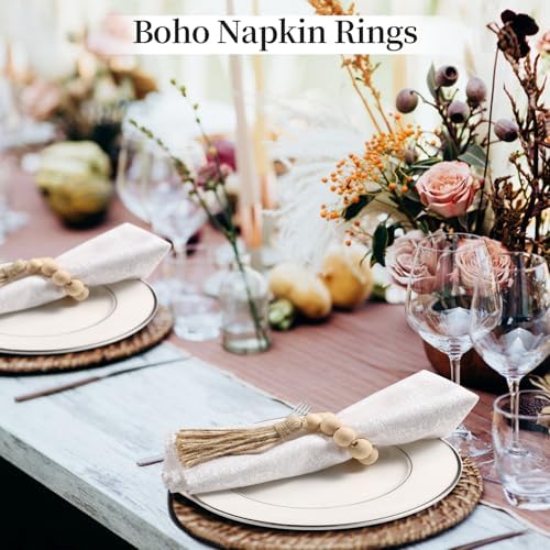 50 Pack Farmhouse Rustic Napkin Rings with Tassel Wood Bead Rings for Table Decor Boho Wedding Party Dining Spring Banquet - Image 3