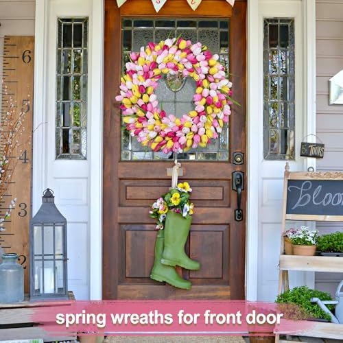 Tulip Wreath,Spring Wreaths for Front Door Zmtyykh Artificial Floral Door Wreath for Valentine’s Day Easter Summer Decor for Outdoor Indoor Window Wall Front Porch Farmhouse Home 22" Pink Yellow White - Image 4
