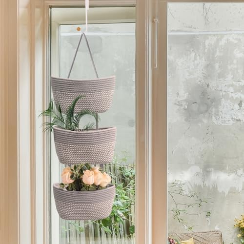 Over the Door Hanging Basket for Organizing 3 Tiers Woven Cotton Rope Wall Mount Storage basket Decorative Kitchen Hanging Organizer Bathroom include 1 door hook GrayStripe - Image 2