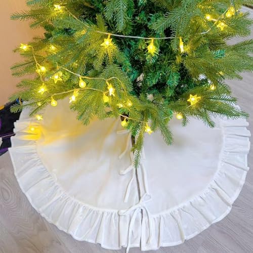Velvet Christmas Tree Skirt White 60 inch Ruffled Holiday Tree Skirt for Rustic Xmas Tree Decoration - Image 7