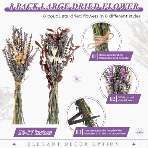 Layhit 8 Pack Large Size Boho Dried Flowers 15-17 Inch, Lavender - Image 2
