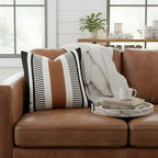 24x24 Boho Striped Pillow Cover with Faux Leather Accent, Black, 2 PC - Image 7