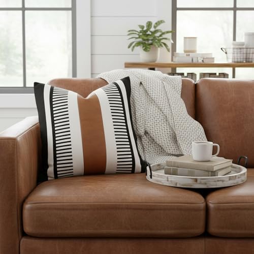 24x24 Boho Striped Pillow Cover with Faux Leather Accent, Black, 2 PC - Image 7