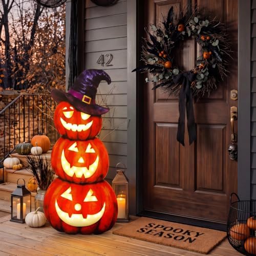 Vercraft 35" Halloween Stacked Pumpkin Door Sign with Witch Hat LED Light - Image 6