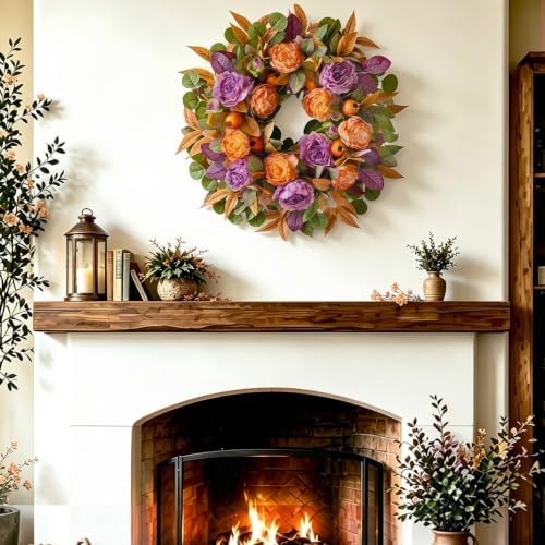 24 Inch Harvest Fall Wreath for Front Door Outside with Orange Purple Peony - Image 6