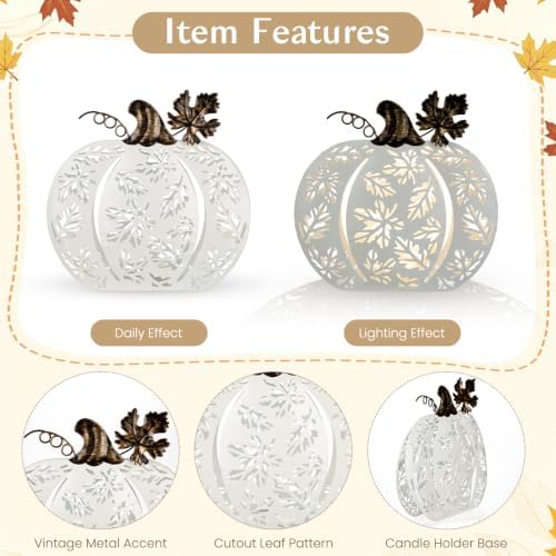 2 Pcs Fall Pumpkins Decor Lighted Metal Pumpkins for Autumn Decoration - Image 3