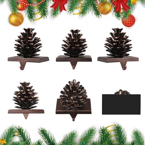 JUSTOTRY 3D Pine Cones Christmas Stocking Holders for Mantle Set of 4 with Non-Skid Brown Stocking Holder for Fireplace Home Decor Holiday Gifts Xmas Decorations Supplies - Image 3