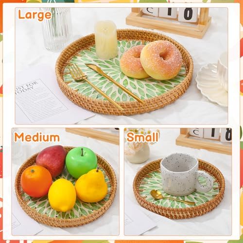 3 Pack Round Rattan Tray with Mother of Pearl Inlay - Image 4