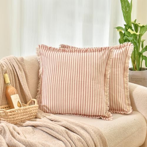 ZWJD Red Throw Pillow Covers 20x20 Set of 2 Striped Pillow Covers with Fringe Chic Cotton Decorative Pillows Square Cushion Covers for Sofa Couch Bed Living Room Farmhouse Decor - Image 2