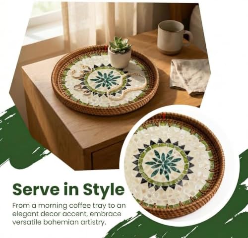 Boho Handwoven Rattan Tray with Mother of Pearl Inlay, 35cm Round Decorative Tray, Wooden Base Serving Tray for Breakfast, Vanity, Coffee Table & Wall Hanging Decor (Size:Big, Pattern:GreenSun) - Image 5
