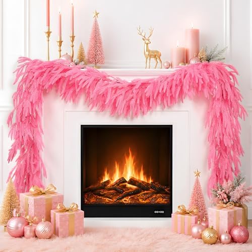 N&T NIETING 9FT Christmas Norfolk Pine Garland Real Touch Artificial Christmas Pink Xmas Garland for Mantle, Table Holiday Fireplace Staircase Indoor Outdoor Christmas Decorations by NTNIETING