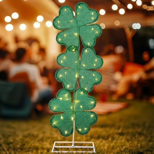 VIHOSE St Patricks Day Shamrock Shape Lights Yard Signs 41 Inch H Pre-lit Lighted Decor with 50 Warm White Lights Irish Day Four Leaf Clover Decoration for Indoor Outdoor Porch Garden Lawn - Image 2