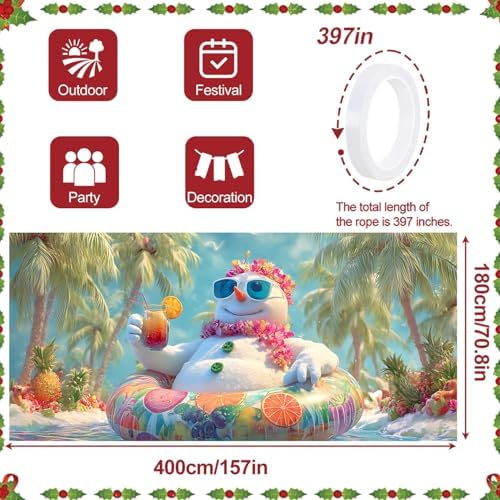 13x6Ft Tropical Snowman Garage Door Banner - Beach Scene with Swimsuit Snowman Holding Drink, Funny Summer Winter Mix Decor for Outdoor Holiday - Image 3