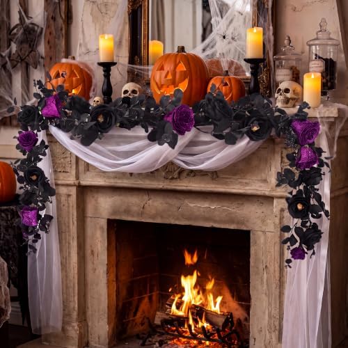Aneco Artificial Eucalyptus Garland with Flowers 6FT Black Flower Garland Halloween Artificial Rose Floral Vine Garlands for Halloween Wedding Party Backdrop Wall Table Mantle Table Decor - Image 5